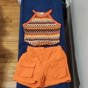 SHEIN Orange and Brown Patterned Kids Top with Orange Shorts
